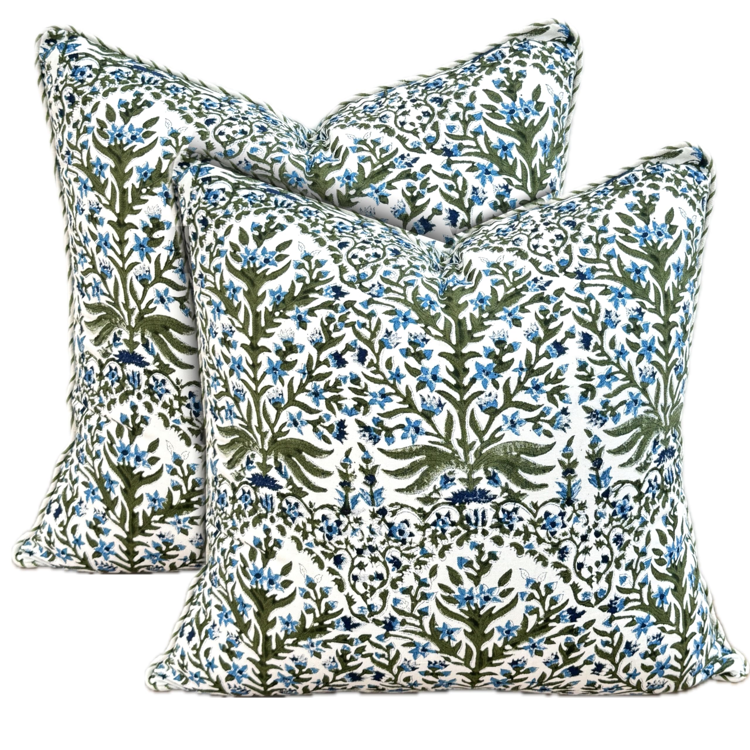 ATOSII Block Print Throw Pillow Cushion Covers, 24" X 24" - Set of 2, Decorative Couch Pillows for Living Room Bed Sofa, 100% Cotton Canvas Pillow Case for Home Decor & Outdoors - Nargis Blue