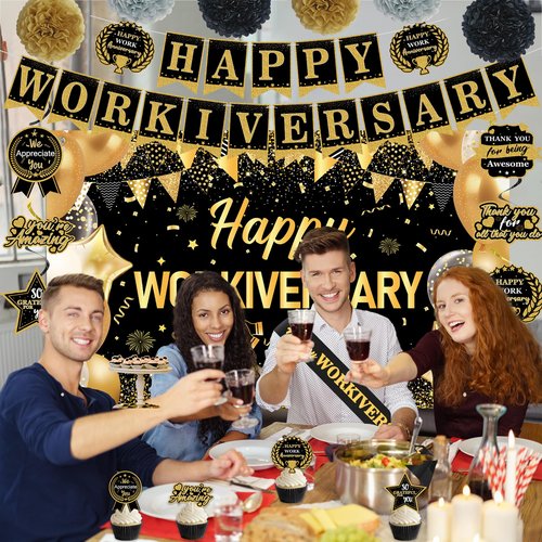 DARUNAXY Happy Workiversary Party Decorations for Men Women, Black Gold Happy Work Anniversary Banner Cake Topper Hanging Swirl Confetti Balloons Decor Set for Employee Office Party Supplies(31PC)