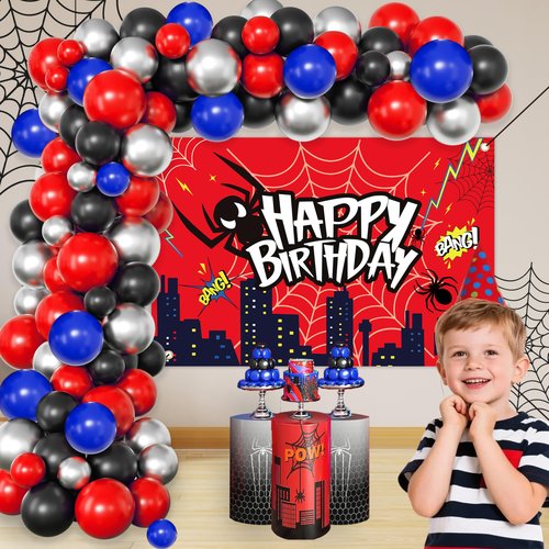 Red Theme Borthday Party Decorations Kit -Red Blue Black Latex Balloons Arch Garland with Web Backdrop for Boys Girls Kids