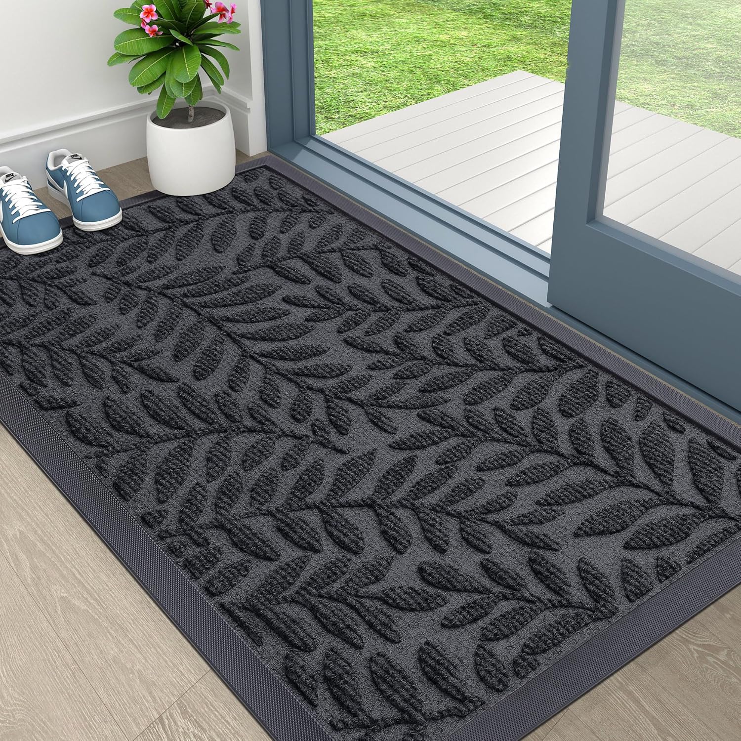 OLANLY Indoor Outdoor Door Mat - Waterproof All-Weather Doormat, 29.5x17, Sturdy Natural Rubber, Easy Clean, Medium Grey