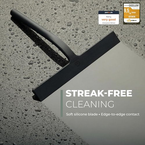 GÜTEWERK Silicone Shower Squeegee - Streak-Free Glass & Mirror Cleaner | 13-Inch, Black, No-Drill Mount