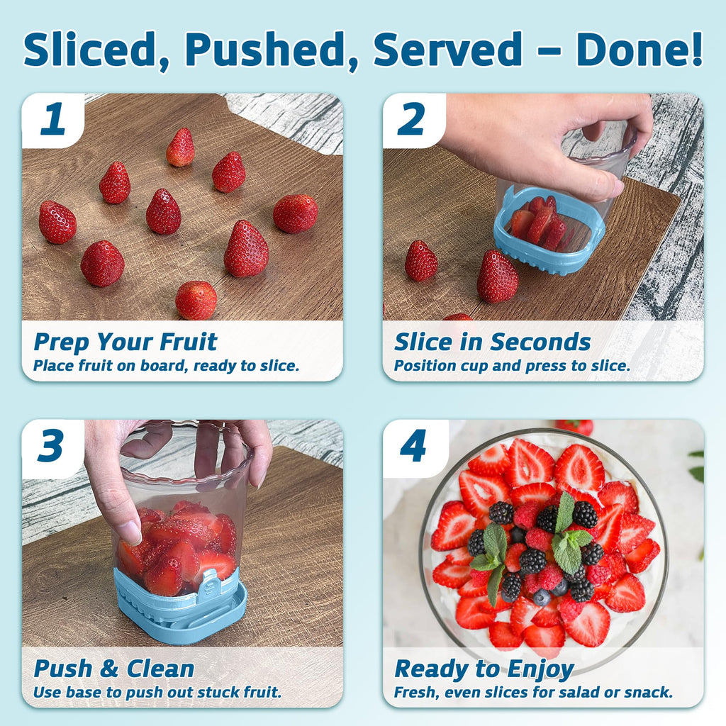 Strawberry Slicer Cup with Push Plate, Fruit Cutter Kitchen Gadget for Egg, Kiwi, Banana, Cucumber, Easy Fruit & Vegetable Slicer, Strawberry Cutter Tool for Quick Safe Cutting (Blue)