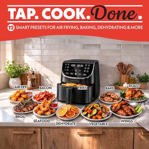 Gourmia Air Fryer - 7 Qt Large Capacity with LED Display & 12 One-Touch Presets | Nonstick Basket & Crisper Tray, Black