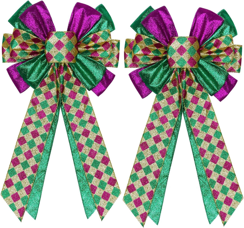 Skiennix Mardi Gras Bows - 12”x20” Large Glitter Tree Topper Decor for Holiday Parties | Gold, Green, Purple