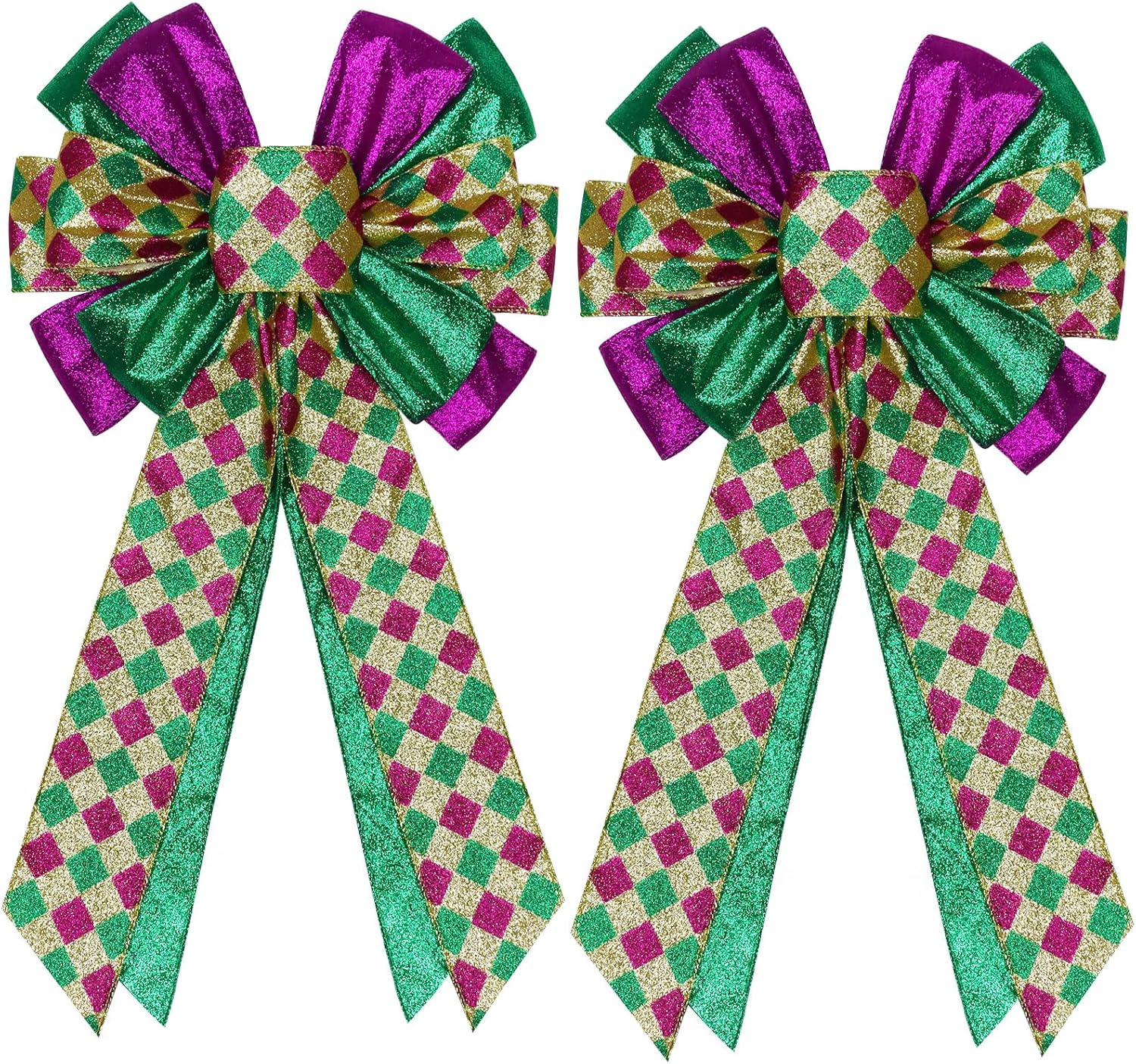 Skiennix Mardi Gras Bows - 12”x20” Large Glitter Tree Topper Decor for Holiday Parties | Gold, Green, Purple