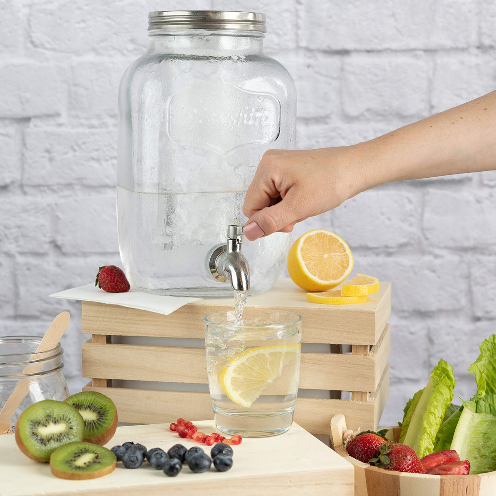 2 Gallon Glass Beverage Dispenser with Ice and Fruit Infusers, Stainless Steel Spigot and Metal Lid, Wide Mouth Mason Jar Drink Dispenser, for Iced Tea, Kombucha Brewing and more