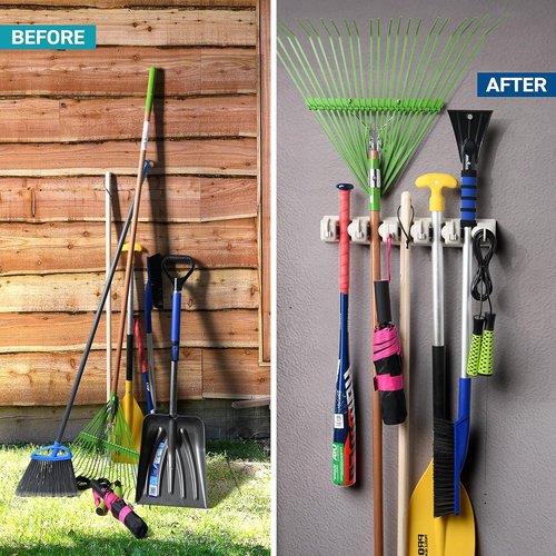 HOME IT Mop And Broom Holder Wall Mount - Versatile Garage Storage System with 5 Slots & 6 Hooks - Off-White Garden Tool Organizer for Home & Garage