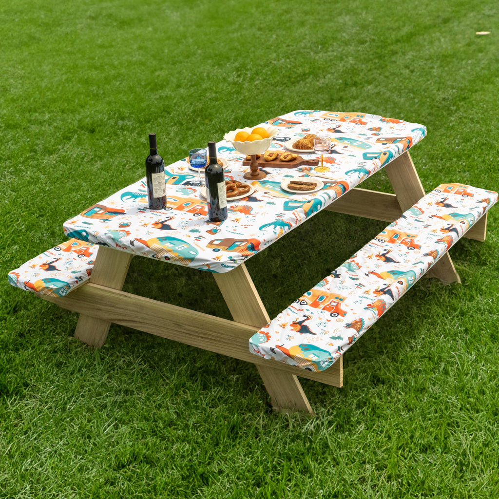 Jolly Camper 72 X 30 Inch Elastic Fitted Camping Table Cover with Bench Covers & Storage Bag, Picnic Tablecloth, Fits 6ft Picnic Tables, Polyester, Washable, Spill Resistant, Waterproof - Dino