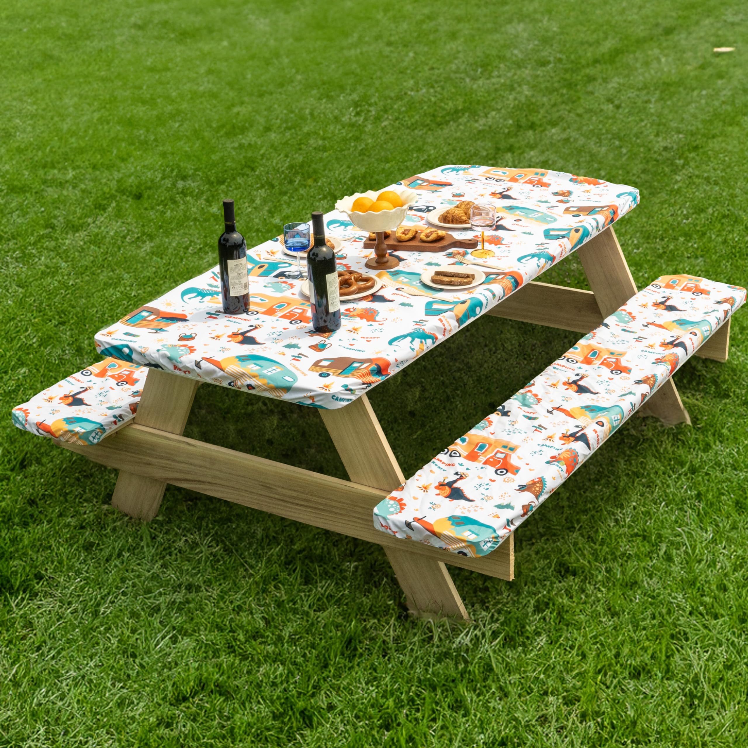 Jolly Camper 72 X 30 Inch Elastic Fitted Camping Table Cover with Bench Covers & Storage Bag, Picnic Tablecloth, Fits 6ft Picnic Tables, Polyester, Washable, Spill Resistant, Waterproof - Dino