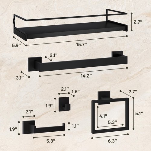 6 Pieces Bathroom Hardware Set, Matte Black Bathroom Accessories Set, Stainless Steel Towel Racks for Bathroom w/Roomy 15.7”x5.9” Shelf, Toilet Paper Holder, 2 Adhesive Hooks, Towel Bar