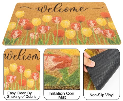 Floral-Welcome-Doormat for Spring-Outdoor Entrance Faux-Coir Entryway-Rug Non-Slip Dirt-Trapping Indoor-Outside Porch 17x30Inch