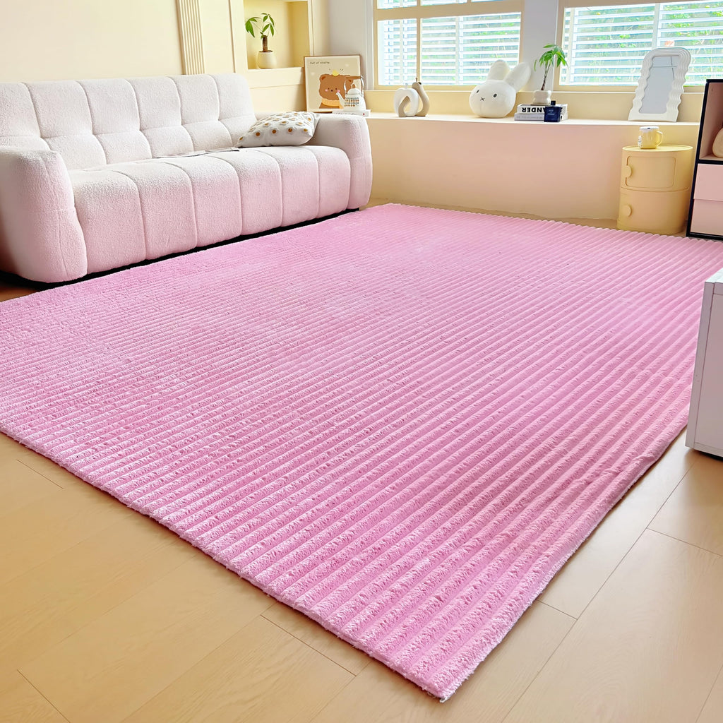 Light Pink Faux Fur Striped Plush Area Rug for Bedroom Living Room Sofa,8'x10' Fluffy Shaggy Rectangular Square Rug for Kids Teen Girls Room,Furry Carpet Rug for Nursery Baby Room