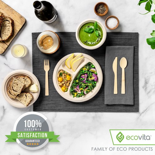 Ecovita 100% Compostable Paper Plates [9 in.] COMPARTMENTS – 150 Disposable Plates Eco Friendly Sturdy Tree Free Liquid and Heat Resistant Alternative to Plastic or Paper Plates