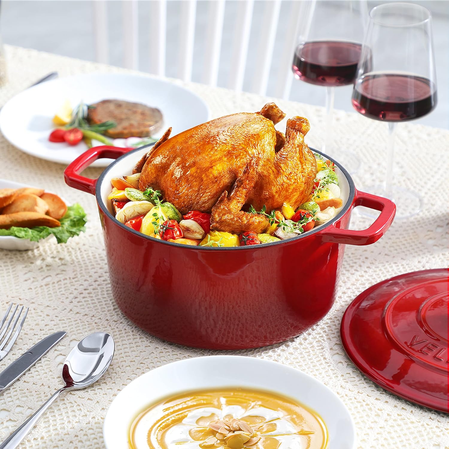 Velaze 6 QT Enameled Cast Iron Dutch Oven - Heavy-Duty Non-Stick Pot with Lid for Baking & Roasting | Red