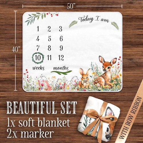 Baby Milestone Blanket, White 40x50 Soft Plush Monthly Photo Blanket with Woodland Animals, 2 Markers, Gift Ready with Bow, Weeks & Months Age Tracker, Newborn Keepsake