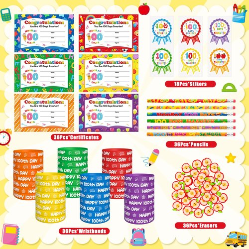WATINC 100 Days of School Awards Set - 162Pcs Hooray 100 Days School Bracelets Smarter Greeting Cards Student Reward Stickers, Happy 100th Pencils Eraser Party Supplies for Classroom Teacher (Big Set)
