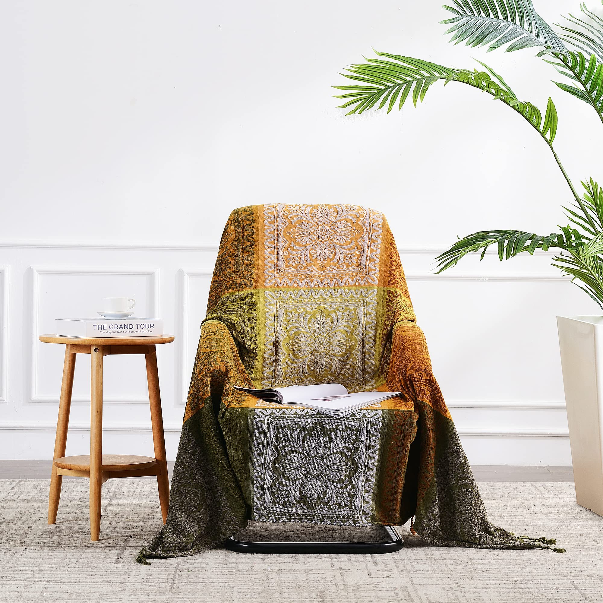 Bofree Boho Couch Cover - Hippie Chenille Jacquard Bohemian Chair Couch Sofa and Bed Furniture Cover with Colorful Tribal Pattern (Green, 87" x 102")