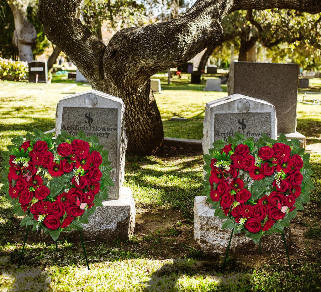 Regine Switzerland Cemetery Wreath - Heart-Shaped Remembrance Floral with 30-Inch Easel Stand | Red Rose
