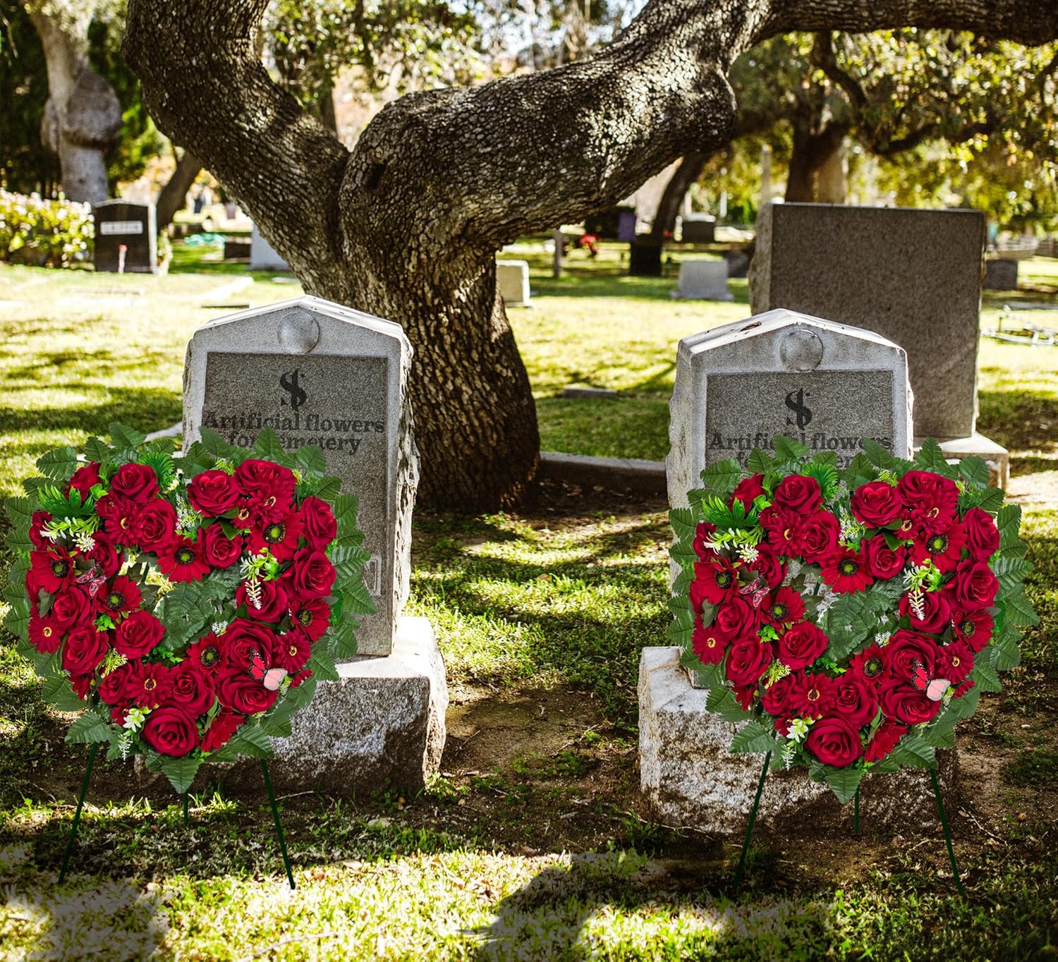 Regine Switzerland Cemetery Wreath - Heart-Shaped Remembrance Floral with 30-Inch Easel Stand | Red Rose