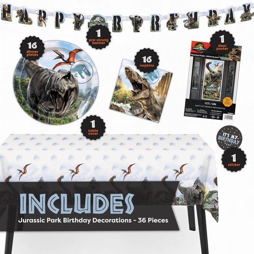 Jurassic Park Birthday Decorations for 16 | Door Poster Backdrop, Banner, Tablecloth, Plates, Napkins | Officially Licensed Jurassic World Party Decorations