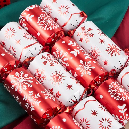 JOYIN 10 Pack Christmas No Snap Party Table Favor with Red & White Snowflake Design, with Party Hat, Joke & Little Gift Inside, for Xmas Gift, Christmas Seasonal Holiday Dinner Traditions