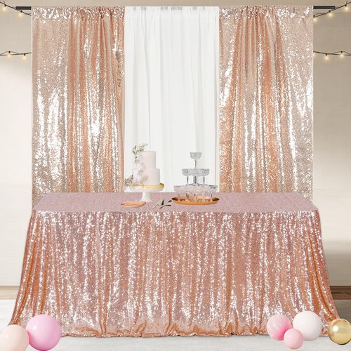 Poise3EHome Rose Gold Sequin Tablecloth 90×156 Inch Rectangle Sparkly Fabric Table Cloth for Birthday Wedding Party Christmas Holiday Baby Shower Decoration
