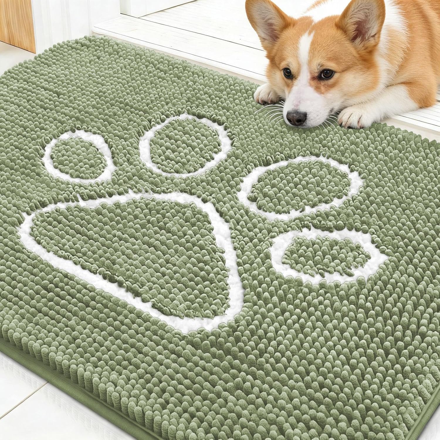 OLANLY Dog Door Mat - Absorbent Muddy Paws Doormat | Non-Slip Chenille Design, 30x20, Sage Green