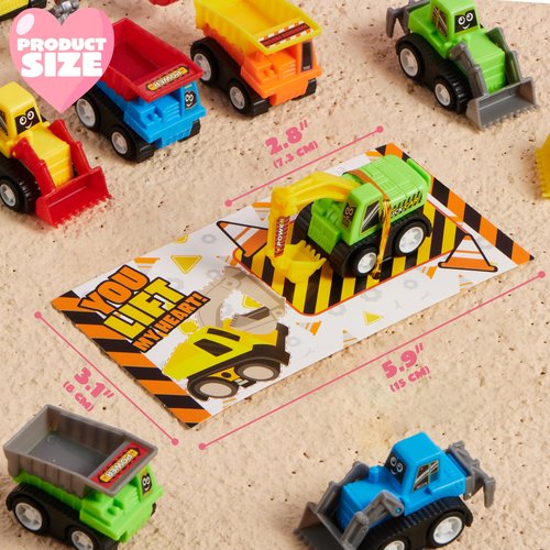 JOYIN 28 Valentine's Day Mini Construction Vehicle Greeting Cards for Kids Classroom Exchange Prizes, Construction Truck Toys Party Favor Gifts