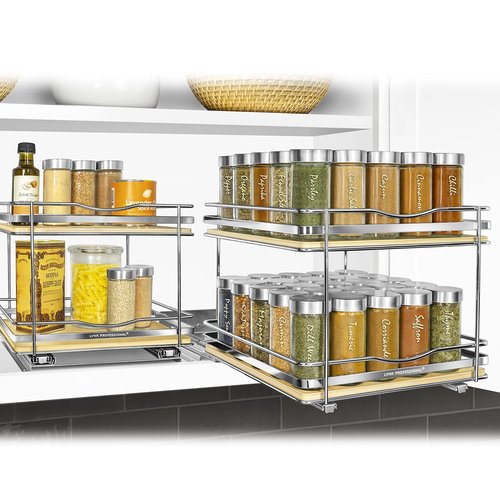 LYNK PROFESSIONAL® Élite™ Pull Out Spice Organization for Cabinets - 10-3/8 inch Wide – Spice Rack for Inside Cabinets – Wood/Chrome - Sliding Spice Rack Organizer for cabinet – Spice Rack - 2 Tier