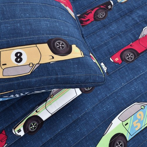 Lush Decor Navy Race Car Kids' 3-Piece Bedspread Set, Reversible Bedding Set for Boys (Full)