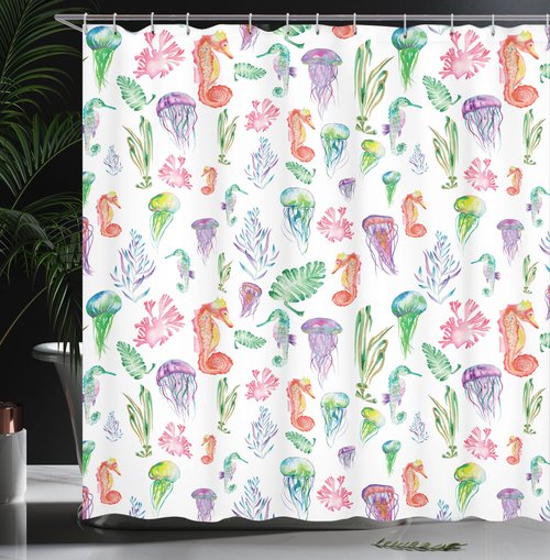 Ambesonne Jellyfish Shower Curtain, Colorful Seahorses Jellyfish and Seaweed Algae Fun Underwater Design Pattern, Cloth Fabric Bathroom Decor Set with Hooks, 69" W x 75" L, Green Pink