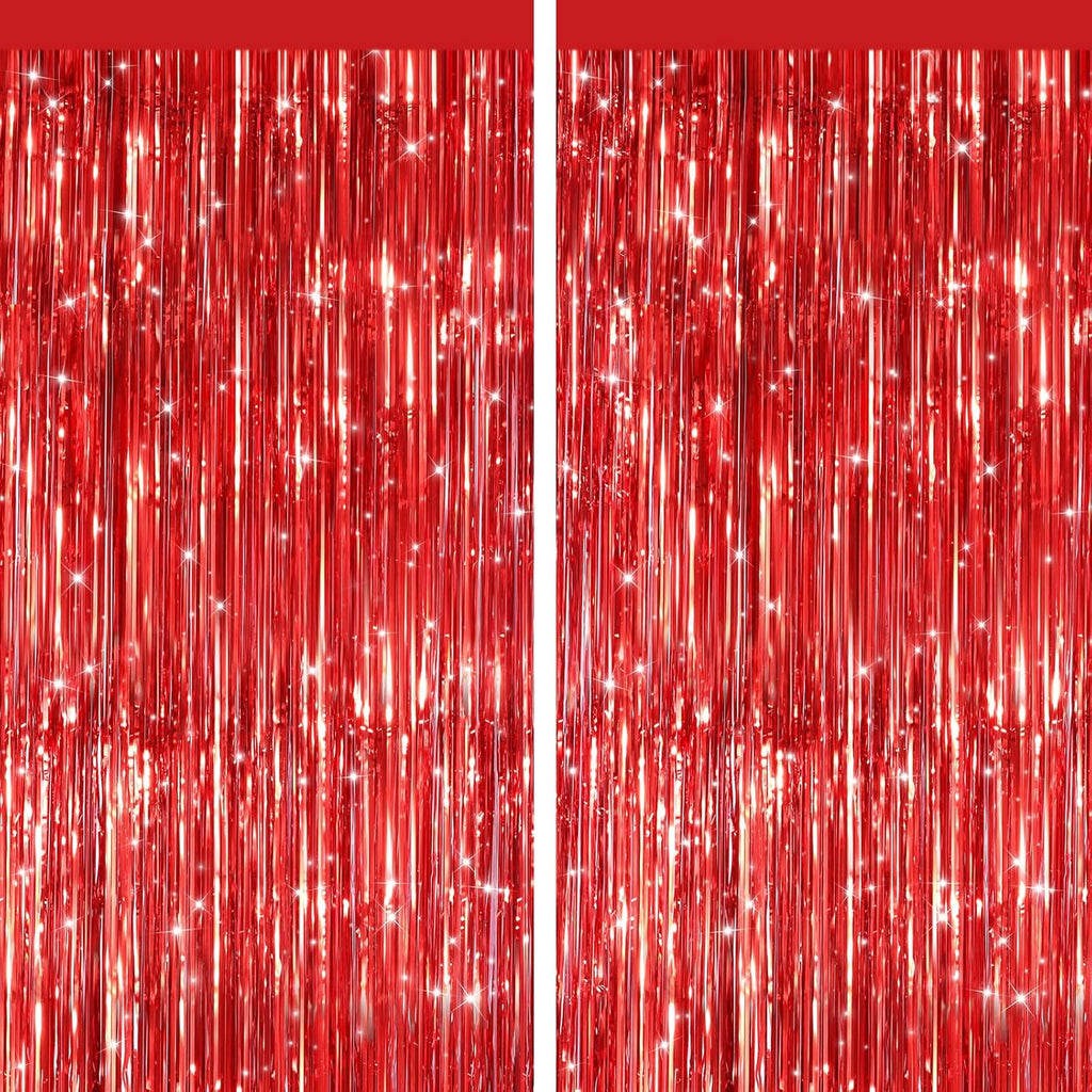 Red Metallic Tinsel Foil Fringe Curtains by [Brand Name] - 2 Pack Photo Booth Backdrop for Parties & Events