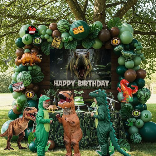 Dinosaur Birthday Decorations with Hunter Green Brown balloon arch & small T-Rex Foil balloons & backdrop Sign & Artificial Palm Leaves for Boys Jungle Safari Dino ROAR Party Supplies (Green Brown)