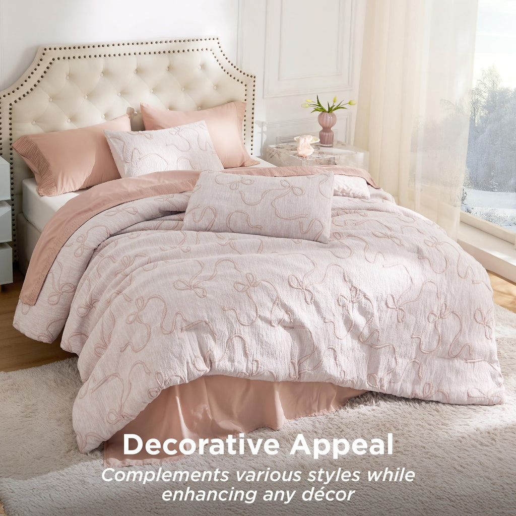 Bedsure Pink Comforter Set Queen, GentleSoft™ 3 Pieces Breathable Bow Comforter Set Women Girls with 2 Pillow Shams, Cute Queen Bedding Sets Pink Room Decor Aesthetic Bedroom Decor, 90x90 Inches