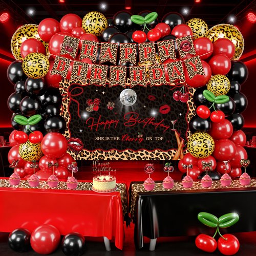 THAWAY 124Pcs Cheetah Print Birthday Decorations, Red Cherry and Leopard Theme Party Supplies with 73x43" Backdrop, 2 Tablecloths, Balloon Arch Kit and Cake Toppers for Women Girls Lady Night