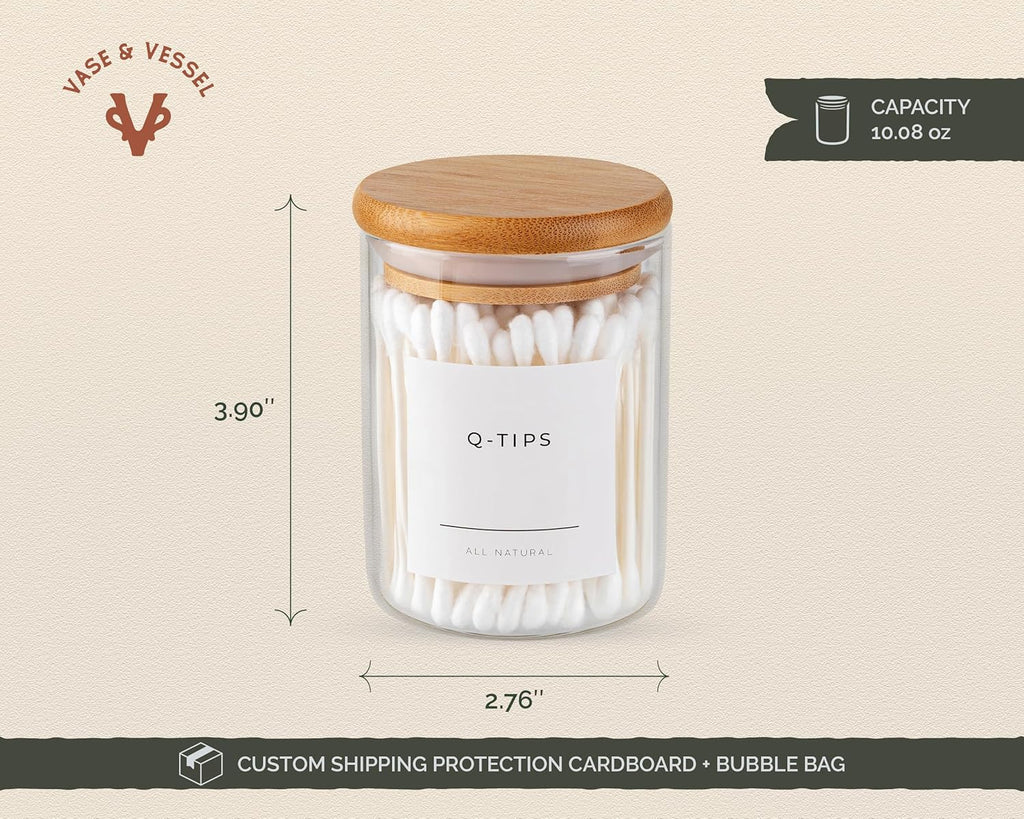 Vase and Vessel Mini Glass Apothecary Jars - Bamboo Lids for Stylish Storage | Set of 3, 10 oz Clear