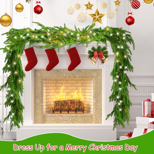 Goldshire 6 Ft Christmas Norfolk Pine Garland with 100 LED Lights, Dense Norfolk Pine Real Touch Garland, Artificial Greenery Garlands for Christmas Holiday Mantle Fireplace Table Home Decor Xmas