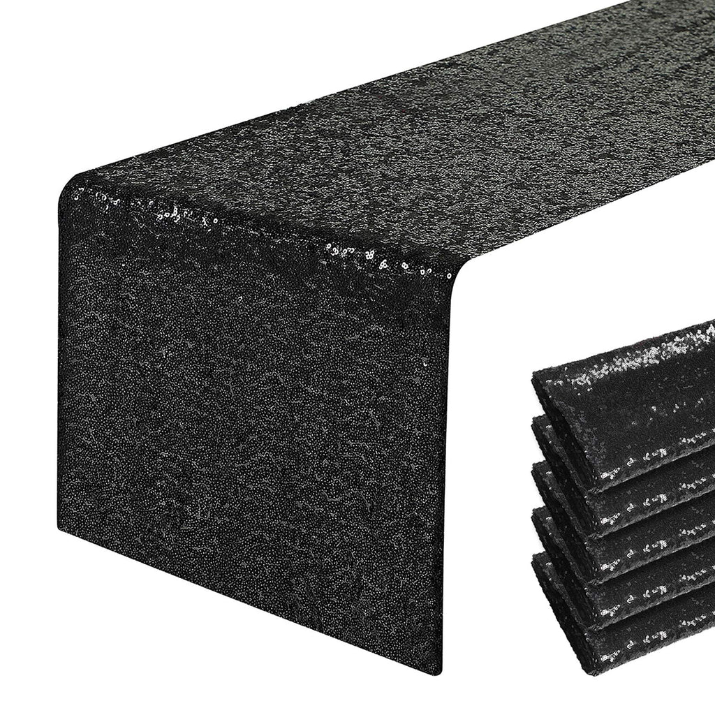 6 Packs 12 x 72 inches Black Sequin Table Runner, Glitter Runner for Birthday Party Supplies Decorations Wedding Bachelorette Holiday Celebration Bridal Shower Baby Shower