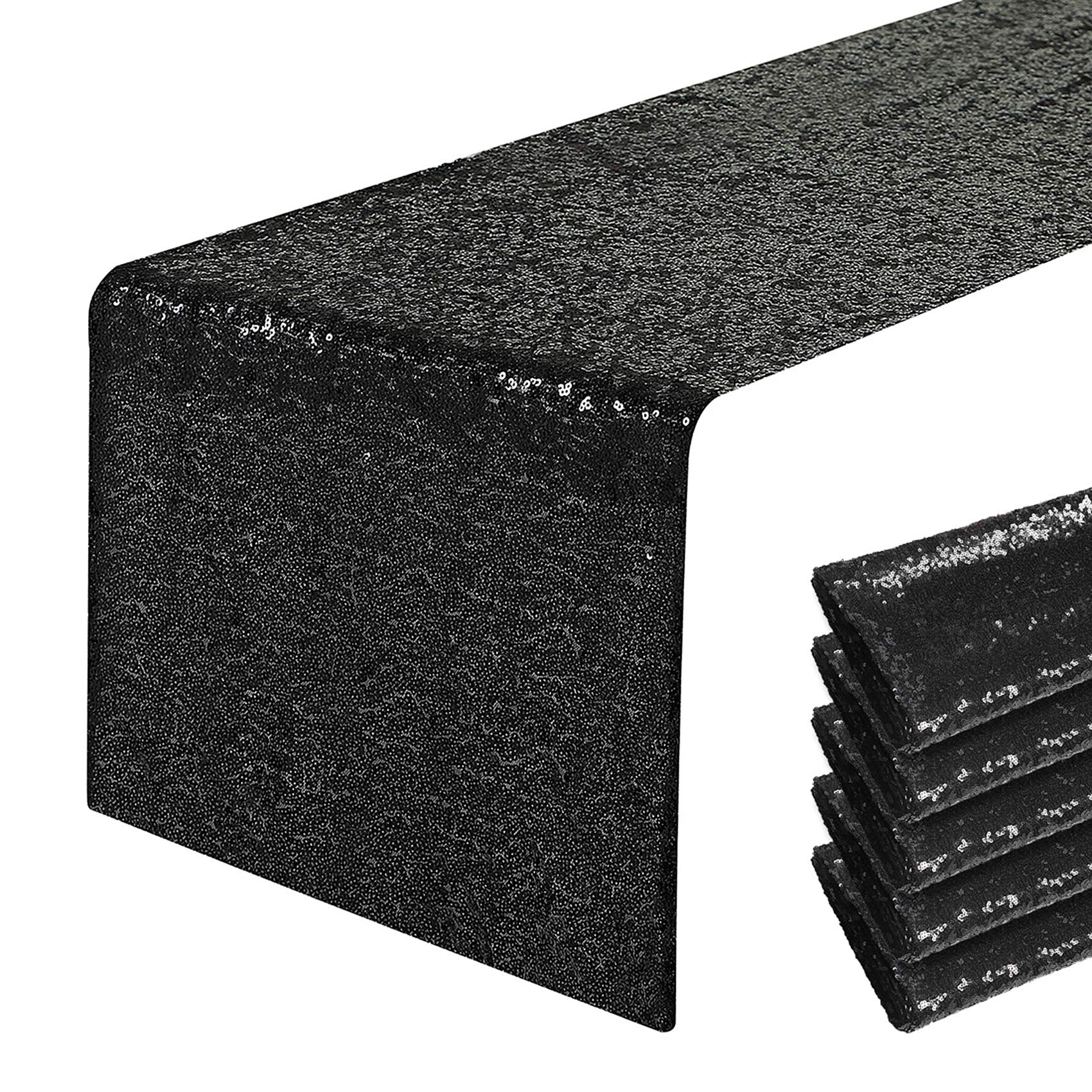 6 Packs 12 x 72 inches Black Sequin Table Runner, Glitter Runner for Birthday Party Supplies Decorations Wedding Bachelorette Holiday Celebration Bridal Shower Baby Shower
