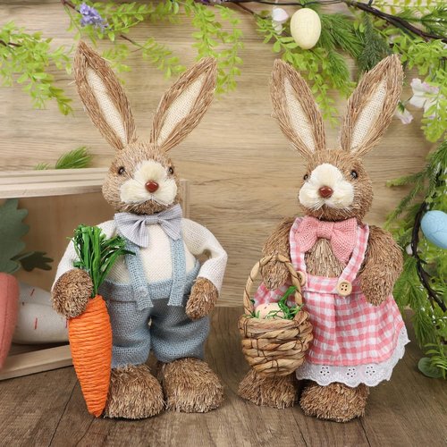 DR.DUDU Easter Decorations - Set of 2 14" Sisal Bunny Figurines with Carrot & Egg | Spring Farmhouse Centerpieces