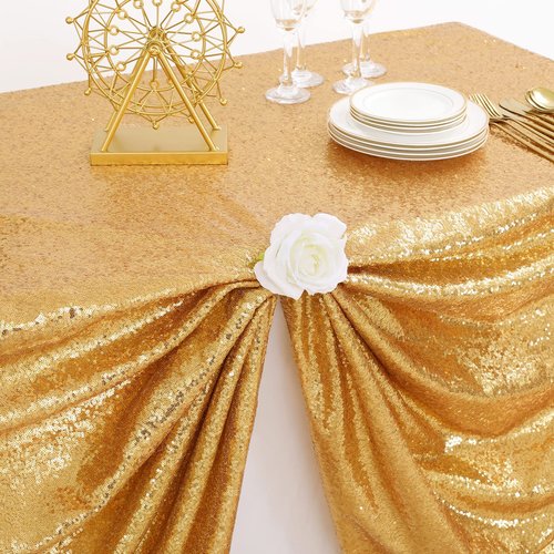 B-COOL Gold Rectangle Sequin Tablecloth 90x156-Inch Sparkly Wedding Tablecloth Long Glitter Table Overlays for Event Party Banquet