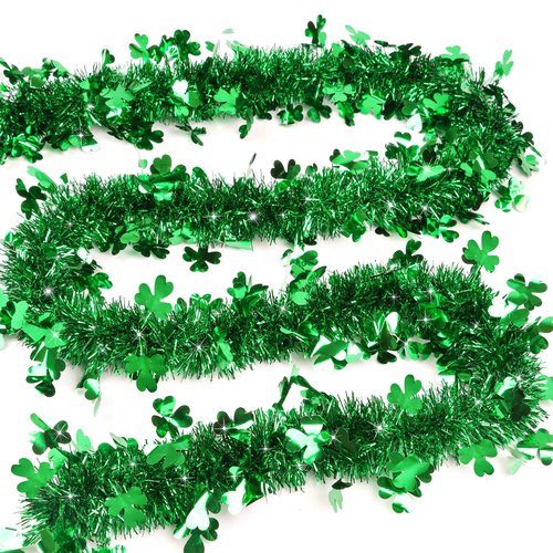 50FT St Patricks Day Green Shamrock Tinsel Garland, Metallic Hanging Garland Shamrock Decor Saint Patricks Day Decoratiosn for Home Indoor Outdoor Decor, Irish Party Supplies for Classroom Office