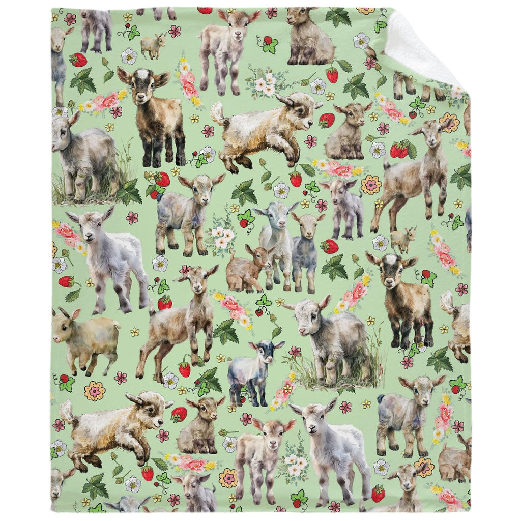 Floral Goats Blanket Gifts for Boys Girls, Farm Animals Throw Blanket Gifts for Adults Decor Cute Goats Plush Soft Lightweight Flannel Fleece Flower Green Blankets for Sofa Bed Couch 80x60In