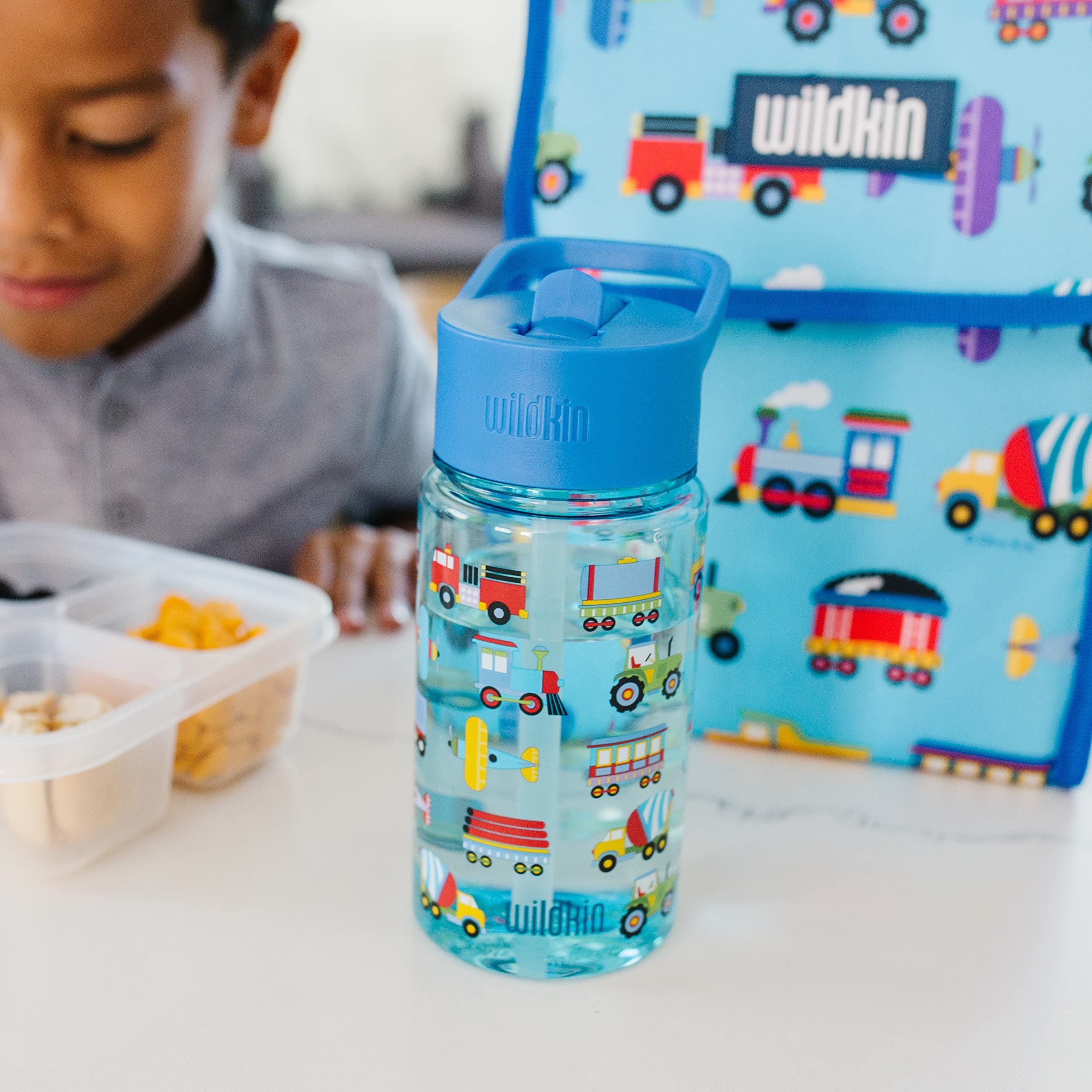 Wildkin 12-Inch Kids Backpack Bundle with 16 oz Reusable Water Bottle – Durable, Lightweight School & Travel Set - Trains, Planes & Trucks