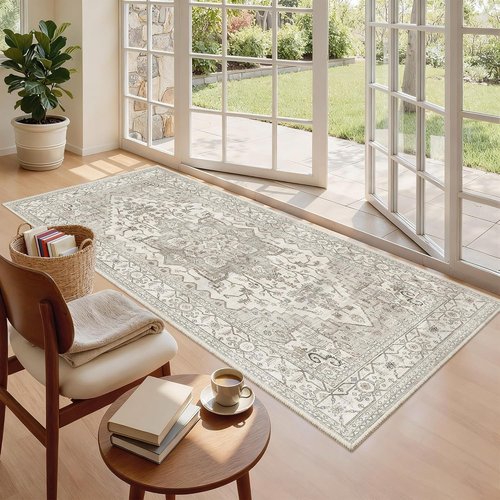 Madane Hallway Runner Rug - Vintage Washable Non-Slip 3x6 Soft Floor Mat | Beige/Brown for Entryway & Living Room
