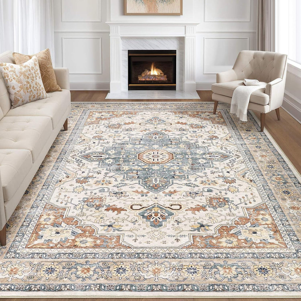 Skiennix 9x12 Area Rug - Washable Boho Vintage Soft Carpet | Stain Resistant, Non-Slip, Beige & Blue