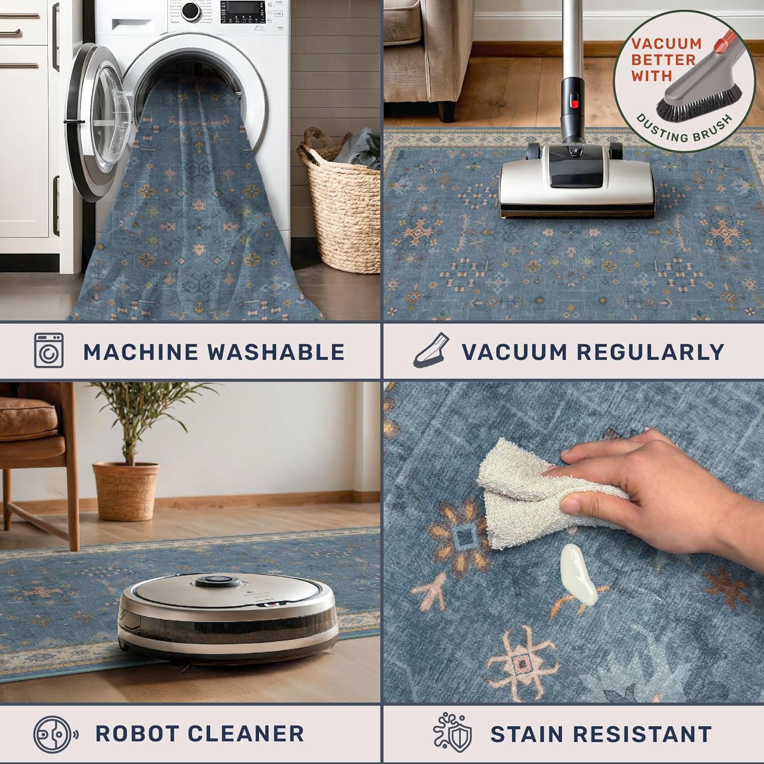 Washable Blue Rugs - 3x4 Indoor Throw Rug for Kitchen, Bedroom, Bathroom | Non-Slip, Fade-Resistant Design