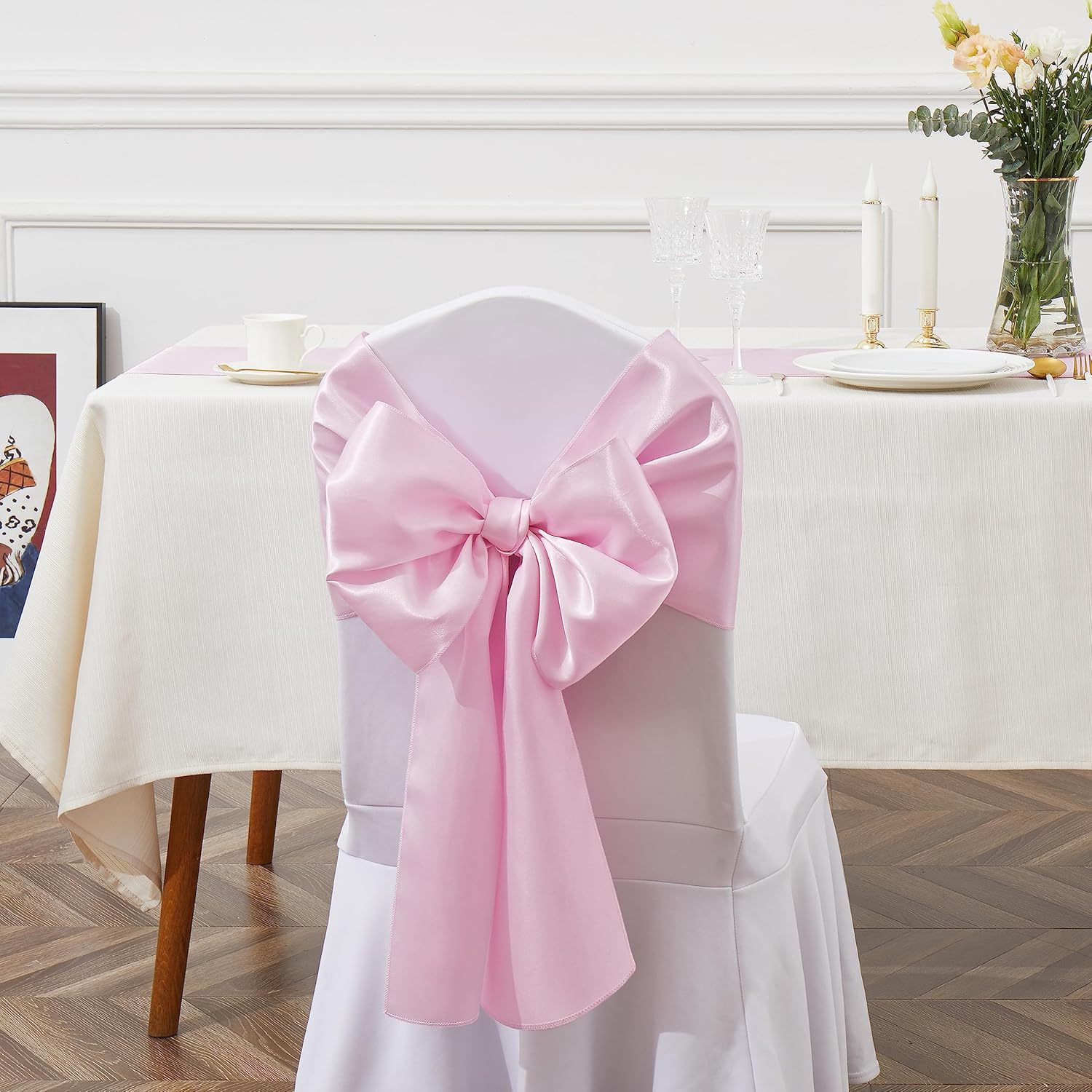 Skiennix Pink Satin Chair Sashes - Elegant Bows for Weddings & Events | 6 x 108 Inch