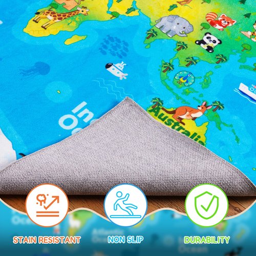 OHDS Kids Playroom Rug, 4x5ft World Map Play Mat with Cute Animals, Washable Durable Soft Carpet Kid Educational Rugs for Boys Girls Bedroom Nursery Classroom