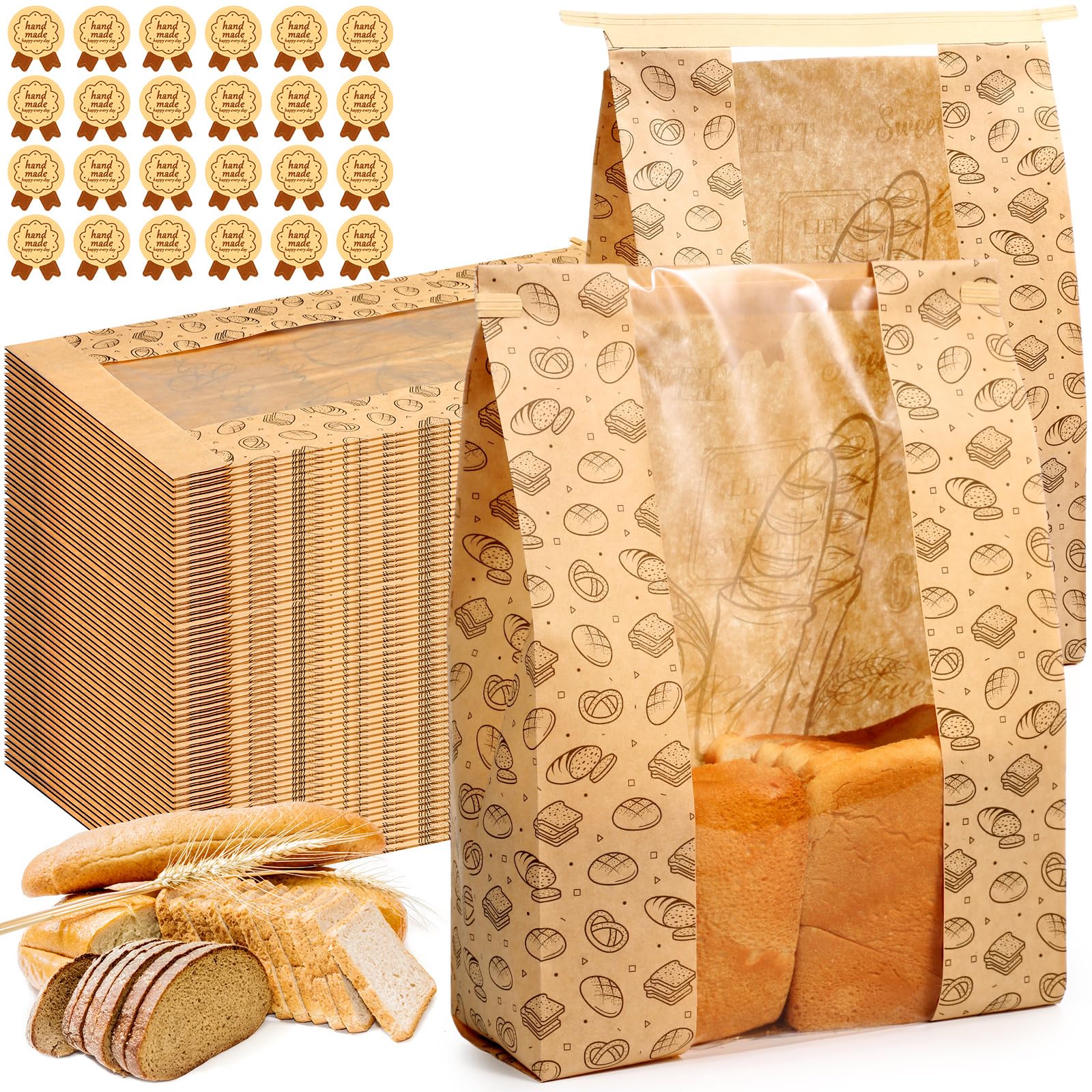 Feifeiya 150 Pack Kraft Paper Bread Bags for Homemade Sourdough Bread Bag with Clear Window 13.7 x 8.2 x 3.5 Large Bakery Packaging for Treat Storage Gift Giving with Seal Sticker